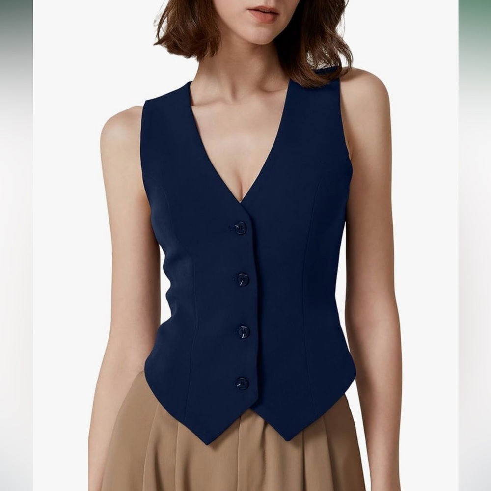Womens V Neck Vest Top Button Down Fully Lined Navy Blue Crop Vest Small NWT